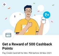 pay credit card bill of 50 rs via paytm wallet and get flat 500 cashback points(5rs)