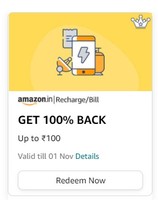 Amazon Recharge or Bill payment GET 100% BACK UP TO ₹100  (User specific)