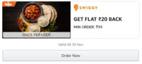 Amazon GET FLAT ₹20 BACK MIN ORDER: ₹99 on Swiggy