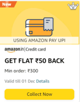 Flat 50 back on credit card bill payment min order 300 via upi