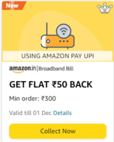 Flat 50 back on broadband bill pay Min Order 300 via upi