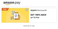 Get 100% Back upto 50 on Recharge/Bill using any Payment method (user specific)