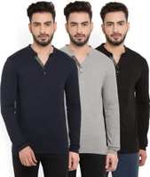 Billion 
PerfectFit Solid Men Mandarin Collar Dark Blue, Grey, Black T-Shirt  (Pack of 3)