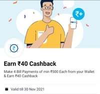 Make 4 bill payments from your paytm wallet of min 500rs each and get flat 40 rs cashback (user specific)