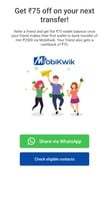Transfer mobikwik wallet balance for first time and get cashback (min 2500 rs transfer and get 75 rs cashback)