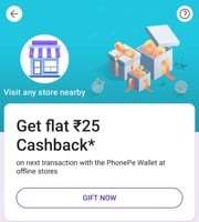 Get flat ₹25 cashback* on one transactions with the PhonePe Wallet at offline stores (user specific)