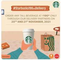 Starbucks : Order any tall size beverage at Rs.190 only (20th & 21st Nov) only via swiggy/zomato