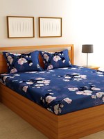 Florida Blue & Lavender Floral 144 TC Polycotton 1 King Bedsheet with 2 Pillow Covers