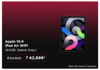 Croma 15 Min Deal- Apple iPad Air WiFi iOS Tablet (iPadOS 14, Apple A14 Bionic Chip, 27.68 cm (10.9 Inch), 3GB RAM, 64GB ROM, MYFM2HN/A, Space Grey)