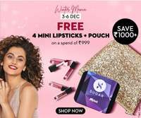 Sugar Cosmetics Winter Mania 3-6th Dec : Upto 51% off + 4 Mini Lipsticks + Pouch on a spend of Rs 999
