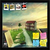 65% Coupon - Magic Book with Family Home, Covered with Grass Printed Bulletin Board Notice Pin Board Soft Board