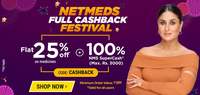 NetMeds Full Cashback Festival Flat 25% OFF* (max. discount: Rs. 5000) on PrePaid/COD medicine orders & 100% NMS SuperCash* (max. cashback: Rs. 3000) on ‘PrePaid’ medicine orders. *Minimum order (along with ANY other p