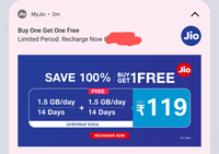 Get 1.5gb/day for 28 day in Rs.119  for Jio | User Specific