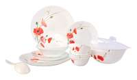 Larah by BOROSIL Red Carnation Opalware Glass Dinner Set (White) - 25 Pieces