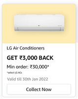 Amazon Get ₹3000 Back on Minimum Order: ₹30000 On Select LG AC's.