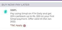 FTH Daily Simpl payment offer 20% cashback upto 200