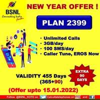 BSNL New Year offer Plan 2399 Unlimited Calls 3gb/Day ,Validity 455 days  (Might be Circle specific)