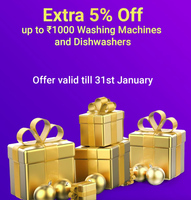 Mystery Box :  Extra 5% Off up to Rs.1000 Washing Machines and Dishwashers ( till 31 Jan )