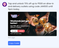 70% off up to ₹ 500 on dine-in and delivery outlets  (User Specific)