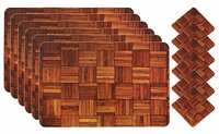 Fun Homes Wooden Checkered Design PVC 6 Piece Dining Table Placemat Set with Tea Coasters (Brown)