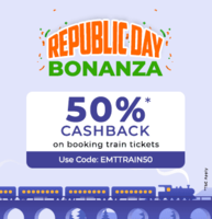 50% instant cashback upto 250 on train bookings on EMT