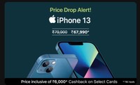 Rs.6000 Cashback On ICICI / Kotak/ SBI Cards - Apple iPhone 13 (128GB ROM)
