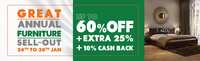 Great Annual Furniture Sell Out : Upto 60% off + extra 25% off + 10% Cashback (24-30th Jan)