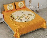 BedZone Jaipuri Print 100% Cotton Rajasthani Tradition King Size Double Bedsheet with 2 Pillow Cover, Yellow 01