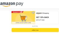 Place a successful Amazon Shopping order and Get 10% back Up to ₹1500. Applicable only when you pay using slice super card