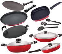Nirlon Non-Stick Heavy Gauge Aluminium Kitchen Items - 10 Pieces, Red 
