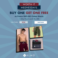  Buy 1 Get 1 Free On 100% BCI Cotton Shorts + Utility Pouch Worth Rs. 299
