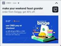 Cred Boost Get 40% up to 100 off on swiggy (User Specific) (Only Till Midnight)