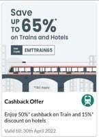 Easemytrip 50% cashback up to Rs.75  on Train tickets + 15% off on hotel bookings