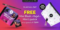 Sugar Glam all Day : Free Mini Blush + Kajal + Mini Lipstick + Pouch on a spend of ₹899 + Get Extra 10% off 