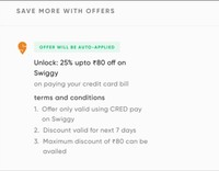 Unlock 25% upto Rs. 80 Off on Swiggy by paying min. Rs. 10 CC Bill on CRED