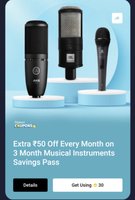 Extra ₹50 Off Every Month on 3 Month Musical Instruments Savings Pass get using 30 Super Coins