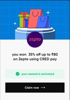 Cred Bounty - Zepto 35% discount upto Rs. 80 on order of above 100 (valid till 15th May, 11.30am) 