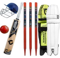Creative Corner 1 Kashmiri Willow Bat Full cane Handel, 1 Fiber Helmate, 1 Set of Leg Guard Pu Leather, 1 Ball Made by LM Leather 4 Pcs Cut for extra mile, 3 Stumps made by liptis wood, Cricket Kit