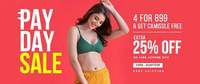 Clovia Pay Day Sale : Get 4 Panties for 499 / 4 for 899 & get Camisole Free | Extra 25% off on 1499 across site | Free Shipping 