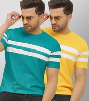 Striped Men Round Neck Blue, Yellow T-Shirt  (Pack of 2)