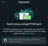 WhatsApp Payment Cashback offer (UPI) : Get Rs.105 Cashback 