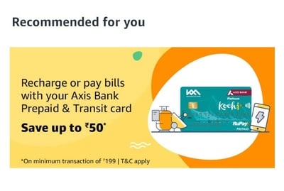 Amazon 10% discount upto 50 on recharge and bills using Axis ...