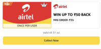 Make a payment on Airtel Prepaid & Win ₹10 to ₹50 back (min payment of ₹35)