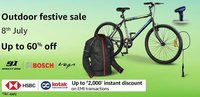 Outdoor festive sale 8th July Up to 60% off + up to ₹ 2000 Instant Discount on HSBC, on Kotak Bank Credit Card and Debit Card EMI transactions