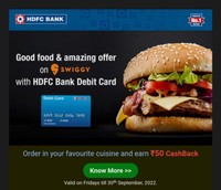 Rs.50 Cashback on Swiggy using HDFC Debit card