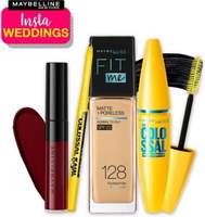 MAYBELLINE NEW YORK InstaWeddings Combo(FitMe Foundation 128+Colossal Waterproof Mascara+Colossal Kajal+Sensational Liquid Matte,Soft Wine (161g)  