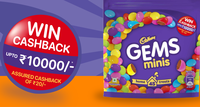 Win Upto Rs. 10000 Cashback (Assured Rs. 20) On Cadbury Gems Minis