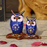 Vintage Gulley Metal Idol Owl Set I Home Decor I Vastu I Fengshui I Set of 2 I Gifting - Blue