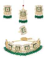 Zaveri Pearls Green Meenakari Kundan & Beads Choker Necklace Earring Maangtikka & Ring Set For Women