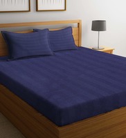 Blue Striped 250 TC Cotton Blend 1 Double King Sized Bedsheet with 2 Pillow Covers 